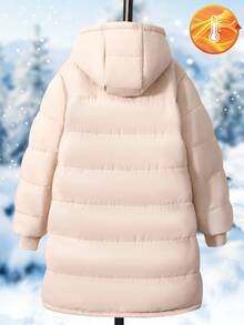 SHEIN 1件少女中長款長袖棉質加厚外套，內裡抓絨，舒適保暖素色外套 - 杏色 - 查看 2