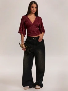 SHEIN BAE Elegantes, sexy Damen-Top mit tiefem V-Ausschnitt, Spitzen-Patchwork, Blumenmuster und transparentem Design, geeignet für Lässig, Ausgehen, Boho-Stil, Spitzen-Top, beiges Top, Sommer-Top - Bordeaux - Übersicht 3