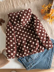 SHEIN Tween Girls Hooded Polka Dot Jackets, Fall Winter Fleece Jacket - Brown Polka Dot Plush Hooded Coat, Soft Fluffy Zip Up Oute - Multicolor - View 2
