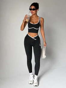 SHEIN Dewbera 女款無縫拼色瑜伽運動套裝 - 黑與白 - 查看 6