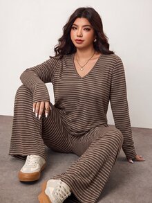 Enliva 大尺碼休閒居家服 簡約露肩羅紋兩件套，適合秋冬，適合圓潤身型 - 棕色 - 查看 3