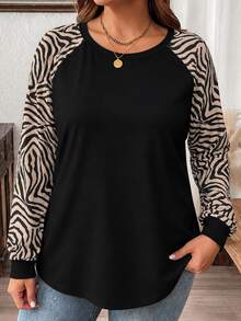 SHEIN VCAY Plus Size Women's Casual Raglan Sleeve Round Neck Loose Fit T-Shirt Suitable For Spring And Autumn - Multicolor - View 3