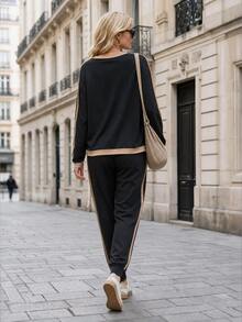 Editum Women's Colorblock Patchwork Crew Neck Sweatshirt Long Pants Fashion Casual 2 Pieces Set Travel Airport Black Fall Vacation Fall/Winter - Black - View 2