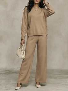 SHEIN Women's Solid Color Crew Neck Pullover & Long Pants Fashion Casual 2 Pieces Set - Camel - View 3