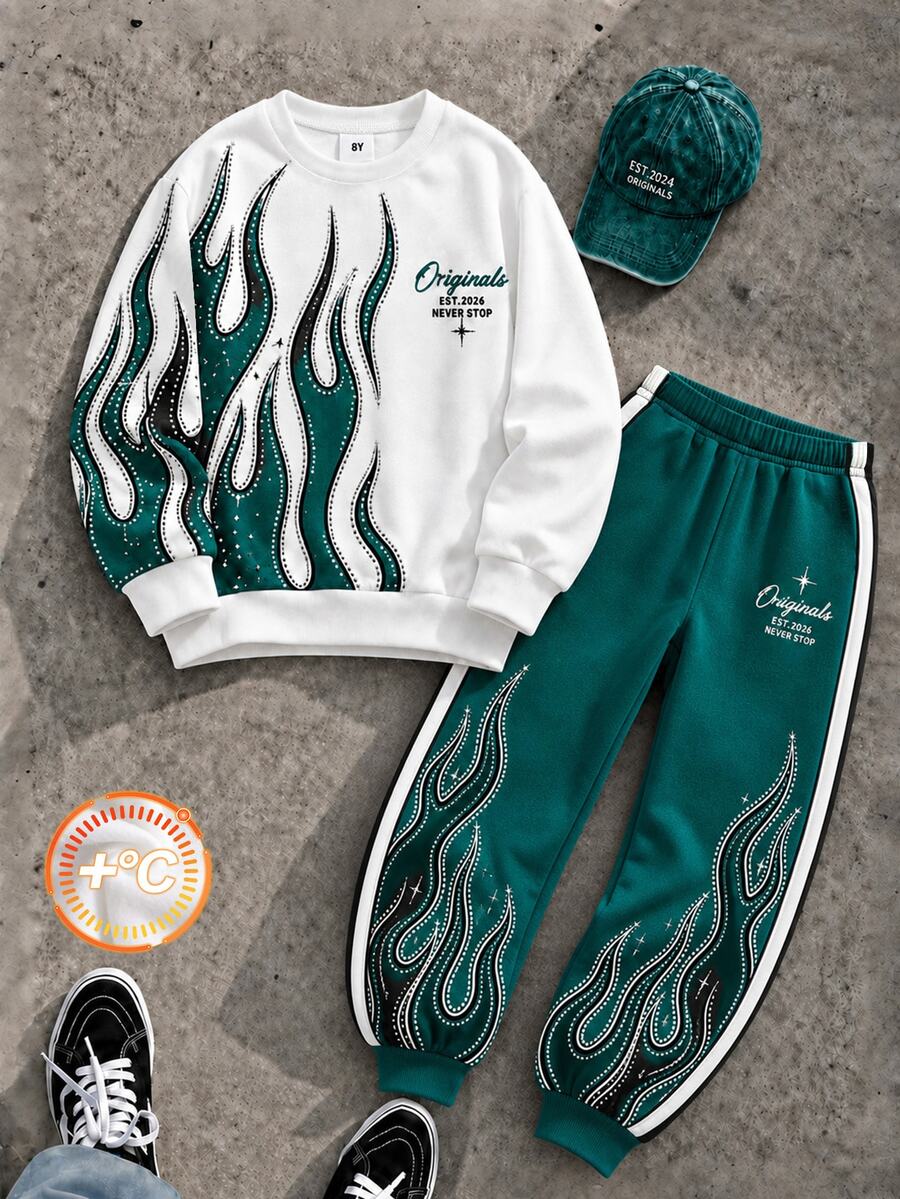 Boys' (Big) Sweatshirt Set, White Main Body With Green Flame Print On Left Side And Sleeves, Embellished With Rhinestones And Starburst Decor, English Print On Left Chest, Ribbed Collar, Cuffs And Hem, Matching Dark Green Sweatpants With Black And White Side Stripes, Same Flame Pattern On Pants, English Logo On Side, Ribbed Cuffed Hem - Multicolor - View 1