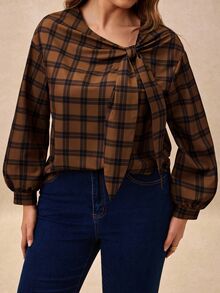 Écloséra Curve Plus Size Women's Vintage Plaid Print Shirt With Tie Decor - Multicolor - View 5
