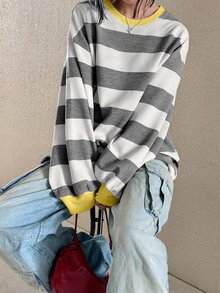 FRIFUL 女款藍白條紋圓領落肩長袖休閒街頭風T恤，適合校園秋季穿搭 - 黃色 - 查看 5