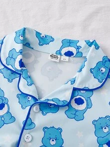 SHEIN X Care Bears GraphicGems 秋冬男童幼兒聯名印花可愛趣味卡通熊圖案藍色柔軟開領長袖褲子2件套居家服 - 藍色 - 查看 3
