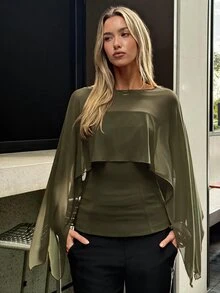 Aloruh 女款半透紗披肩設計收腰修身襯衫，適合日常穿著 - 軍綠色 - 查看 7