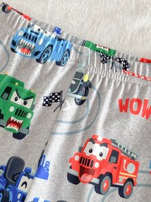 SHEIN 2件組男童幼兒貼身睡衣套裝，秋冬款，可愛卡通酷車挖掘機工程車印花，柔軟舒適高彈力長袖褲，居家穿著 - 灰色 - 查看 3