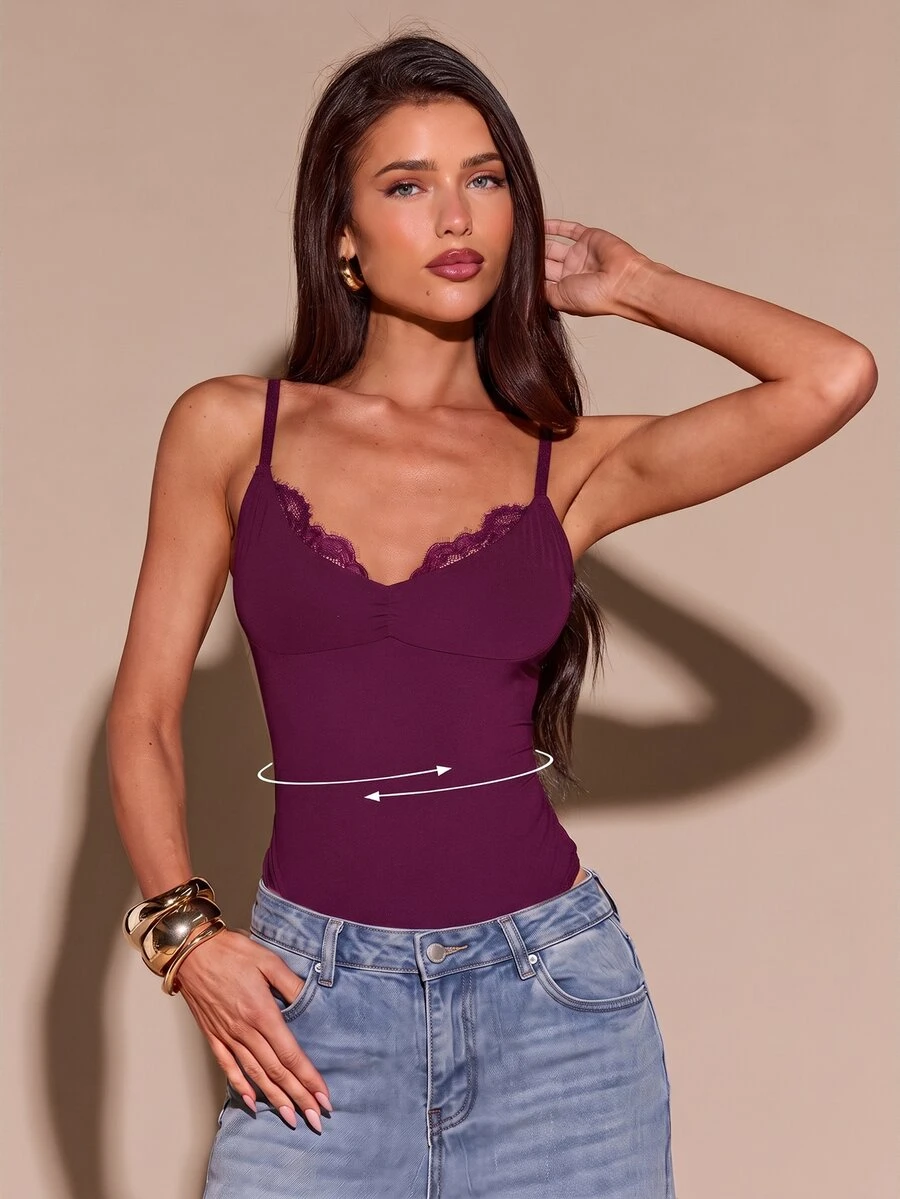 SHEIN BAE 女款春夏黑色蕾絲拼接V領細肩帶連身內衣 - 中紫紅色 - 查看 1