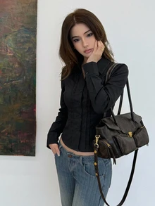 DAZY 純色翻領修身短袖白色女款襯衫 - 黑色 - 查看 7
