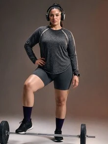 Powerista تي شيرت نسائي مقاس كبير بتصميم ألوان متباينة كاجوال للاستخدام اليومي والسفر والرياضة - رمادي غامق - مشاهدة 3