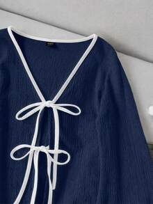 SHEIN LUNE Casual Women's Lace-Up Contrast Trim Knit Top - Navy Blue - View 3