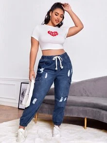 SHEIN ICON Plus Size Fashion Drawstring Waist Pocket Distressed Denim Jeans - Dark Wash - View 5