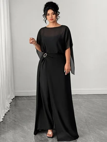 Elenzga Plus Size Autumn Slimming Elegant Banquet Party Evening Gown Black High-End 3 Pieces Set - Black - View 4