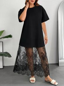Shapeblank Plus Size Romantic Lace Patchwork Dress, Suitable For Graduation Ceremony, Birthday Party, Elegant And Noble Style, Autumn Outfit - Black - View 3
