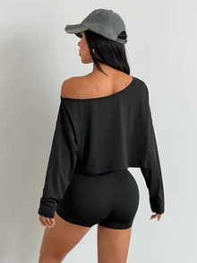 Coolane Women's Summer Going Out Run Yoga Streetwear Stretchy Comfortable Off Shouldera Sweater Black 2pcs - Black - View 2