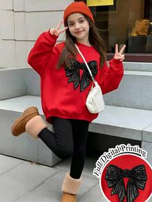 秋冬新款女童紅色圓領衛衣，黑色仿水鑽蝴蝶結圖案印花套頭上衣，寬鬆落肩長袖休閒上衣，百搭紅色女童底層衣，適合日常上學、外出、假日穿著，時尚甜酷風兒童秋冬外套衛衣 - 紅色 - 查看 1