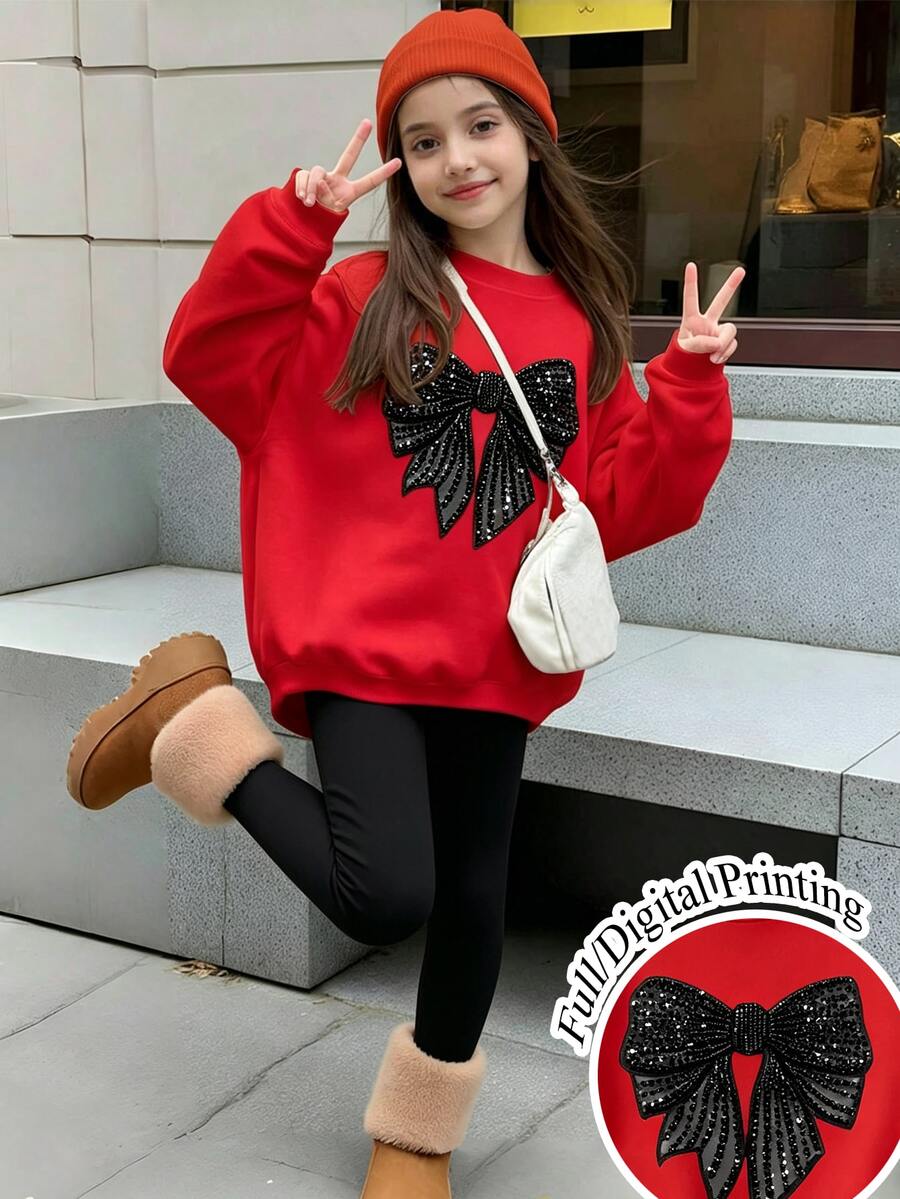 秋冬新款女童紅色圓領衛衣,黑色仿水鑽蝴蝶結圖案印花套頭上衣,寬鬆落肩長袖休閒上衣,百搭紅色女童底層衣,適合日常上學、外出、假日穿著,時尚甜酷風兒童秋冬外套衛衣 - 紅色 - 查看 1