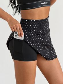 Coolane Women's Summer Compression Shorts Pocket Polka Dot Breathable Material Badminton Tennis Sport Skirt - Black - View 4