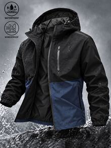 Manfinity Homme Men's Colorblock Hooded Jacket, Contrast Zipper Pocket Outerwear, Loose Fit Suitable For Outdoor Hiking, Commuting, Urban Techwear - Navy Blue - View 1