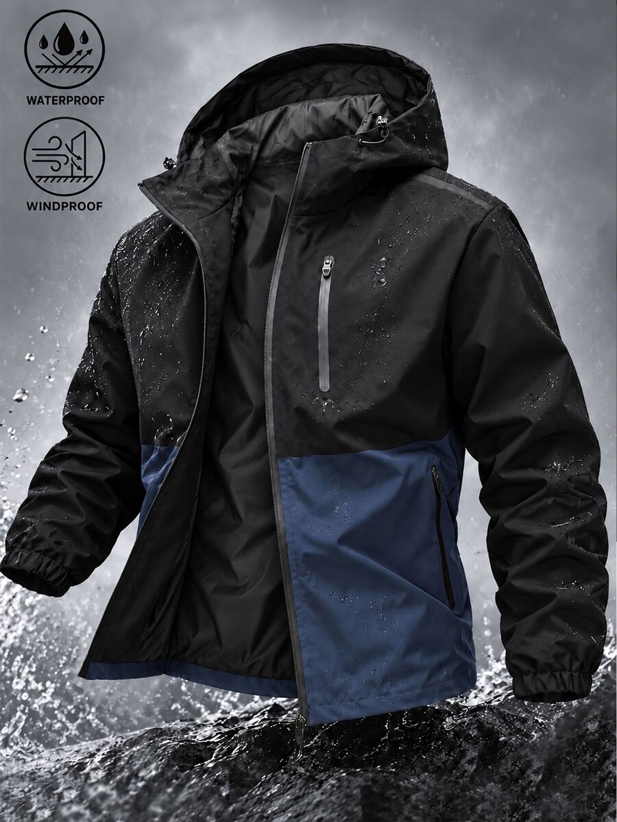 Manfinity Homme Men's Colorblock Hooded Jacket, Contrast Zipper Pocket Outerwear, Loose Fit Suitable For Outdoor Hiking, Commuting, Urban Techwear - Navy Blue - View 1