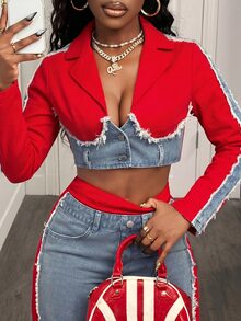 Slaydiva طقم نسائي مقاس كبير من قطعتين من الدنيم، جاكيت دنيم قصير بألوان متباينة مع بنطلون جينز بخصر عالي وأرجل واسعة، مزين بترتر أحمر وحافة خام متباينة، ستايل Y2K Anti Social - متعدد الألوان - مشاهدة 3