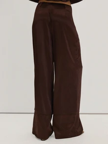 MUSEYN Brown Satin Pleated Wide Leg Piping Detail Trousers Classy Date Night Chic Evening Fall - Brown - View 4