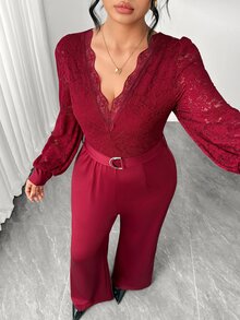 Elenzga Plus Size French Style V-Neck Lace Patchwork Hollow Lantern Sleeve Waist Belt Wide Leg Jumpsuit - Burgundy - View 7