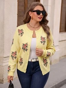 EMERY ROSE Plus Size Women's New Fashion Printed Thin Knit Cardigan, Casual Versatile Lightweight Jacket For Spring And Autumn - Light Yellow - View 7
