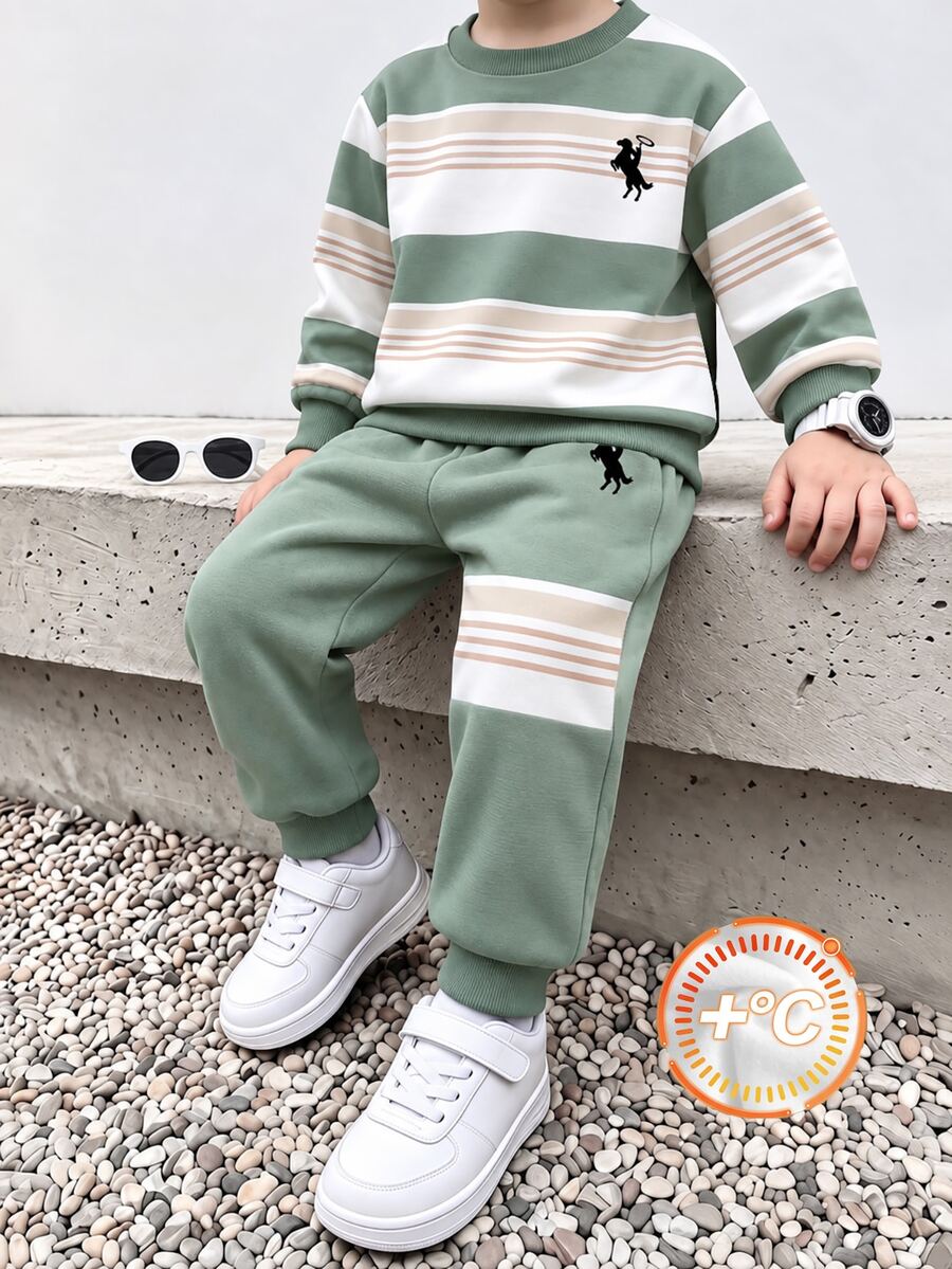 Boys (Small) Sweatshirt Set 2 Pieces, Top With Green, Beige, White Wide Horizontal Stripes, Black Horse Rider Graphic On Chest, Ribbed Collar And Cuffs, Matching Sweatpants With Same Stripes And Horse Rider Graphic, Ribbed Cuffs - Multicolor - View 1