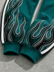 Boys' (Big) Sweatshirt Set, White Main Body With Green Flame Print On Left Side And Sleeves, Embellished With Rhinestones And Starburst Decor, English Print On Left Chest, Ribbed Collar, Cuffs And Hem, Matching Dark Green Sweatpants With Black And White Side Stripes, Same Flame Pattern On Pants, English Logo On Side, Ribbed Cuffed Hem - Multicolor - View 4