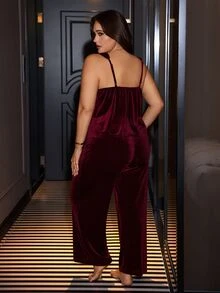 SilkySpell Wine Spaghetti Strap Long Pants Ruched Chest Design Sexy Plus Size Women's Loungewear Set - Burgundy - View 2
