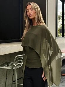 Aloruh 女款半透紗披肩設計收腰修身襯衫，適合日常穿著 - 軍綠色 - 查看 6