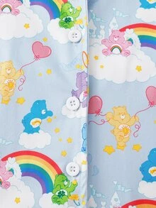SHEIN X Care Bears GraphicGems 秋冬女童幼兒聯名印花可愛卡通彩虹愛心熊圖案藍色柔軟舒適翻領長袖褲子2件套居家服 - 藍色 - 查看 4