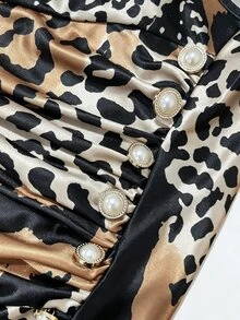 GlowEve CURVE Plus Size Animal Leopard Zebra Print Deep V-Neck Ruched Bodycon Midi Dress, Chiffon Cape Sleeve Evening Party Casual Dress Fall - Brown - View 5