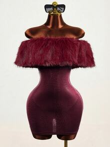 Mistrie Women's Autumn/Winter Sexy Party Solid Burgundy Off-Shoulder Faux Fur Collar Patchwork PU Mini Dress - Burgundy - View 5