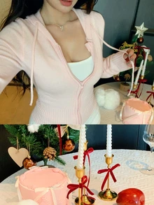 DAZY Women's Pink Hooded Zip-Up Fitted Short Knit Long Sleeve Sweet Casual Cardigan Jacket Winter - Pink - View 2