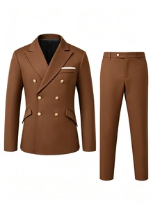 Calvornis Men's Black Double-Breasted Peak Lapel Woven Twill Suit Set - Brown - View 3