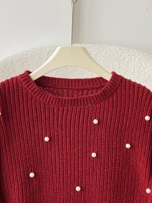 SHEIN 少女女孩秋冬休閒優雅紅色針織珠飾袖口蝴蝶結圓領套頭毛衣，適合返校、日常穿著、聖誕紅色毛衣 - 紅色 - 查看 4