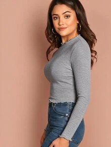 SHEIN BASICS Women's Solid Color Fitted Versatile Long Sleeve T-Shirt For Daily Wear - Grey - View 3