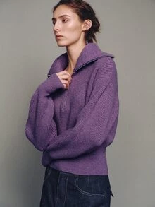 MOTF PREMIUM Autumn/Winter Urban Chic High Neck Half-Zip Dropped Shoulder Cropped Sweater - Mauve Purple - View 1