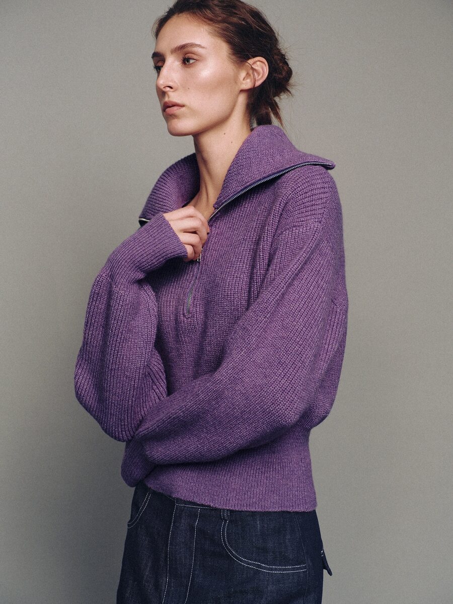 MOTF PREMIUM Autumn/Winter Urban Chic High Neck Half-Zip Dropped Shoulder Cropped Sweater - Mauve Purple - View 1