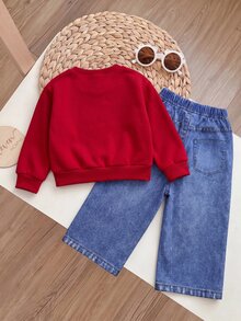 SHEIN 女嬰可愛秋冬休閒花卉印花衛衣與長褲套裝 - 彩色 - 查看 2