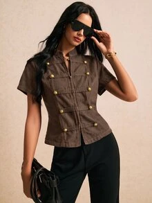 Poéselle Women's Short Sleeve Zip-Up Napoleon Denim Jacket - Brown - View 1