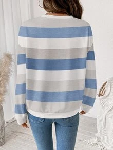 SHEIN LUNE 女款極簡條紋拼接配色長袖運動衫 - 白色 - 查看 2