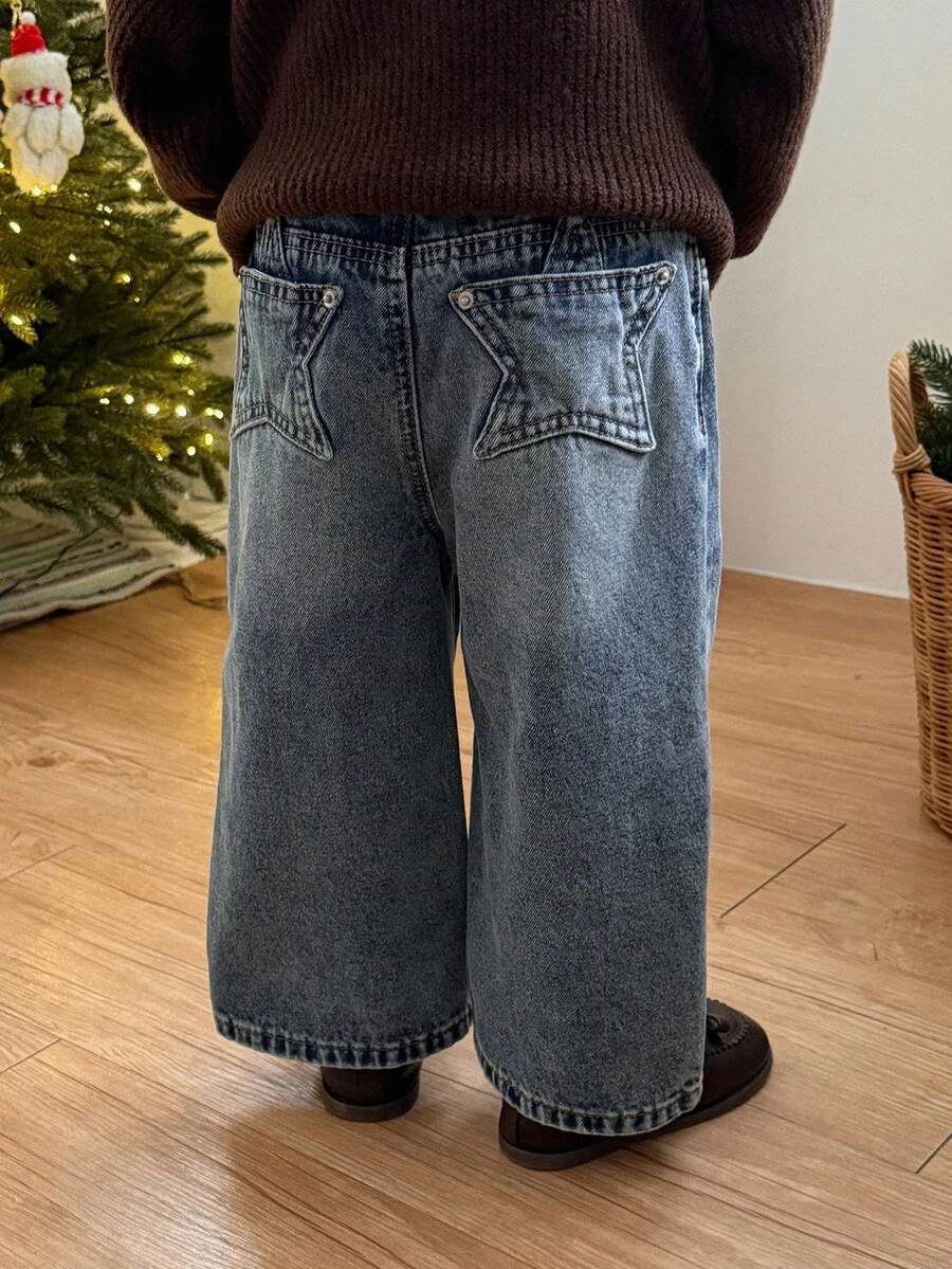 DAZY Celana Panjang Denim Longgar Gaya Korea Serbaguna untuk Bayi/Balita (Perempuan) - Medium Wash - View 1