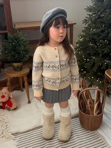 DAZY Infant/Toddler (Girl) Round Neck Floral Korean Style Autumn/Winter Casual Knit Sweater - Dusty Blue - View 3