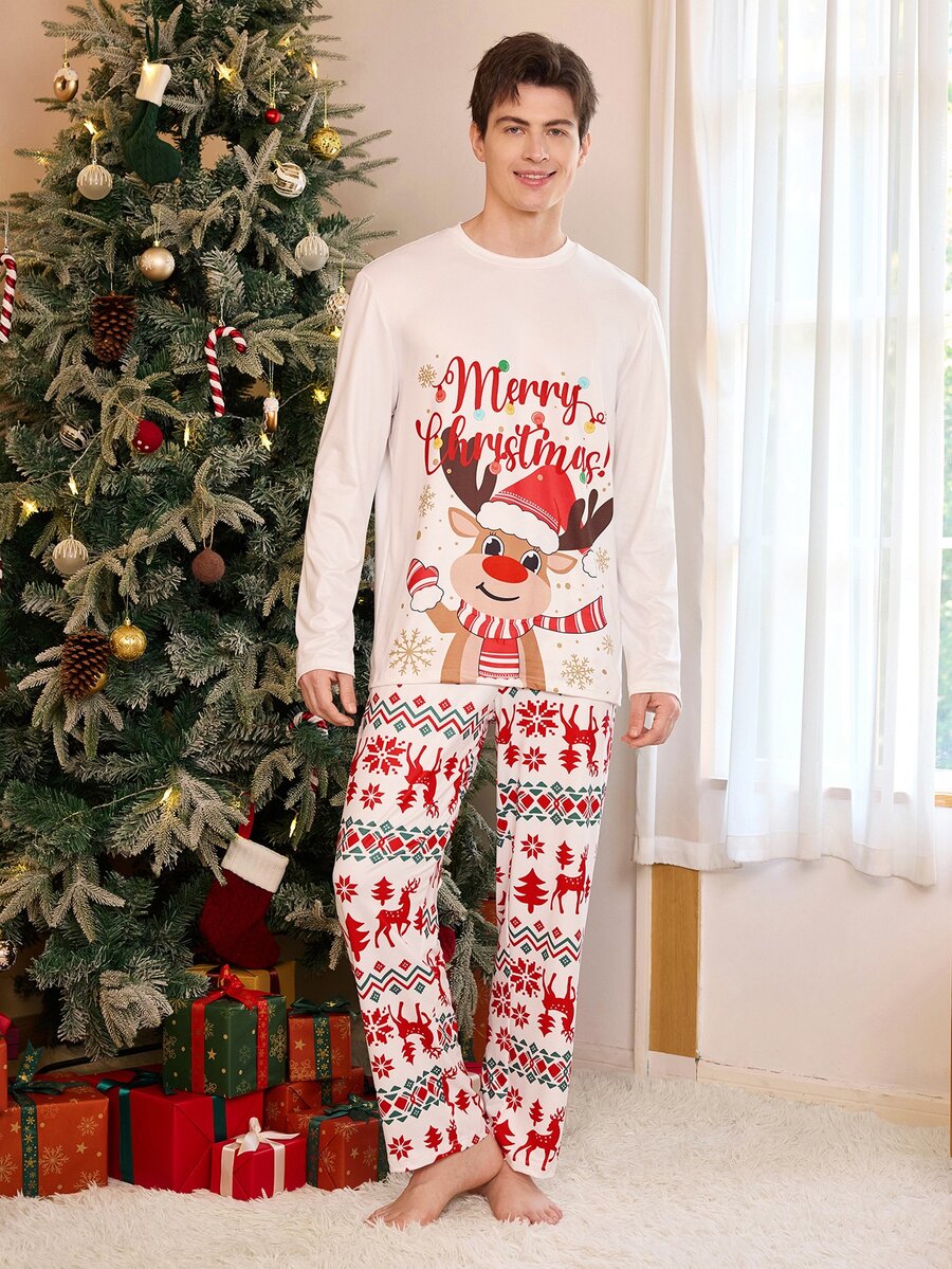 CoupledUp Men's Christmas Reindeer Print Long Sleeve Casual Loungewear Set - Multicolor - View 1
